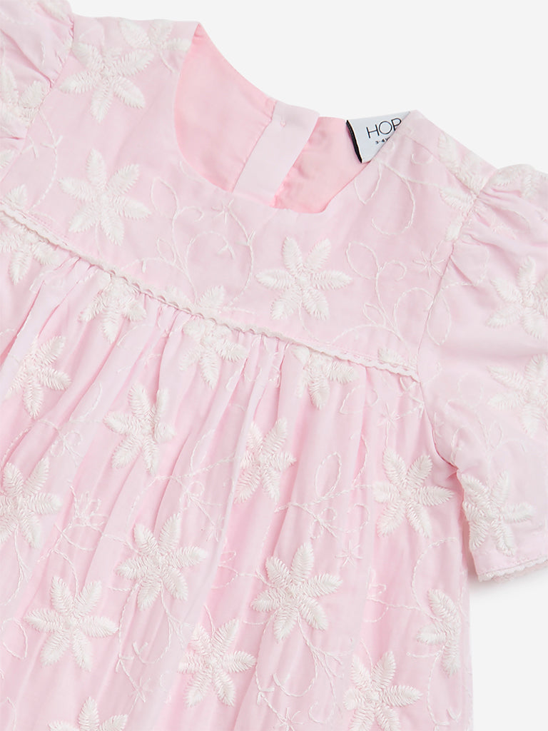 Westside HOP Kids Light Pink Floral Embroidered Cotton A-Line Dress for Casual Wear Zoomed View