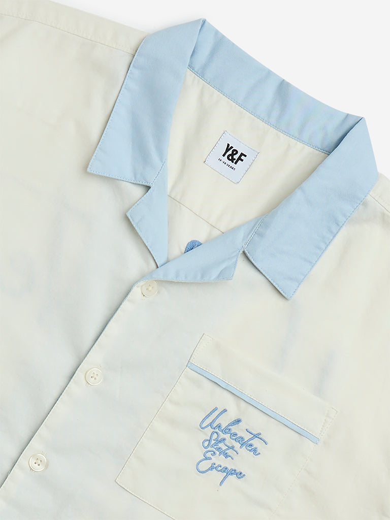 Westside Y&F Boy's Off-White Text Embroidered Design Cotton Shirt for Casual Wear Zoomed View