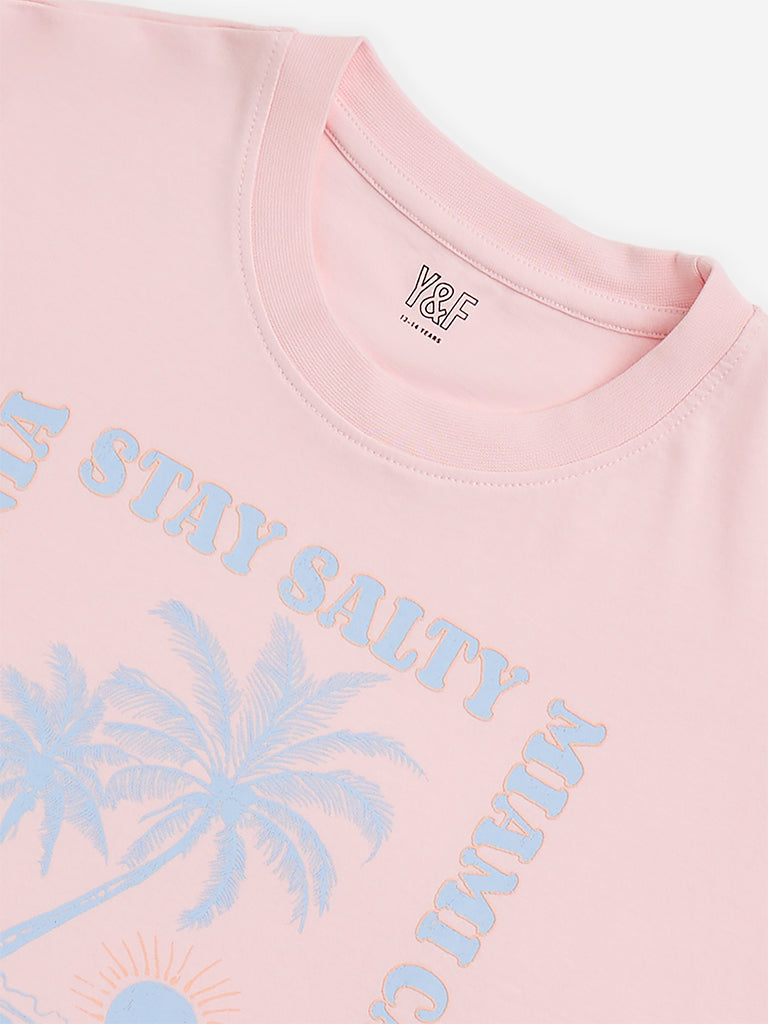 Westside Y&F Girl's Pink Beach Printed Cotton T-Shirt for Casual Wear Zoomed View