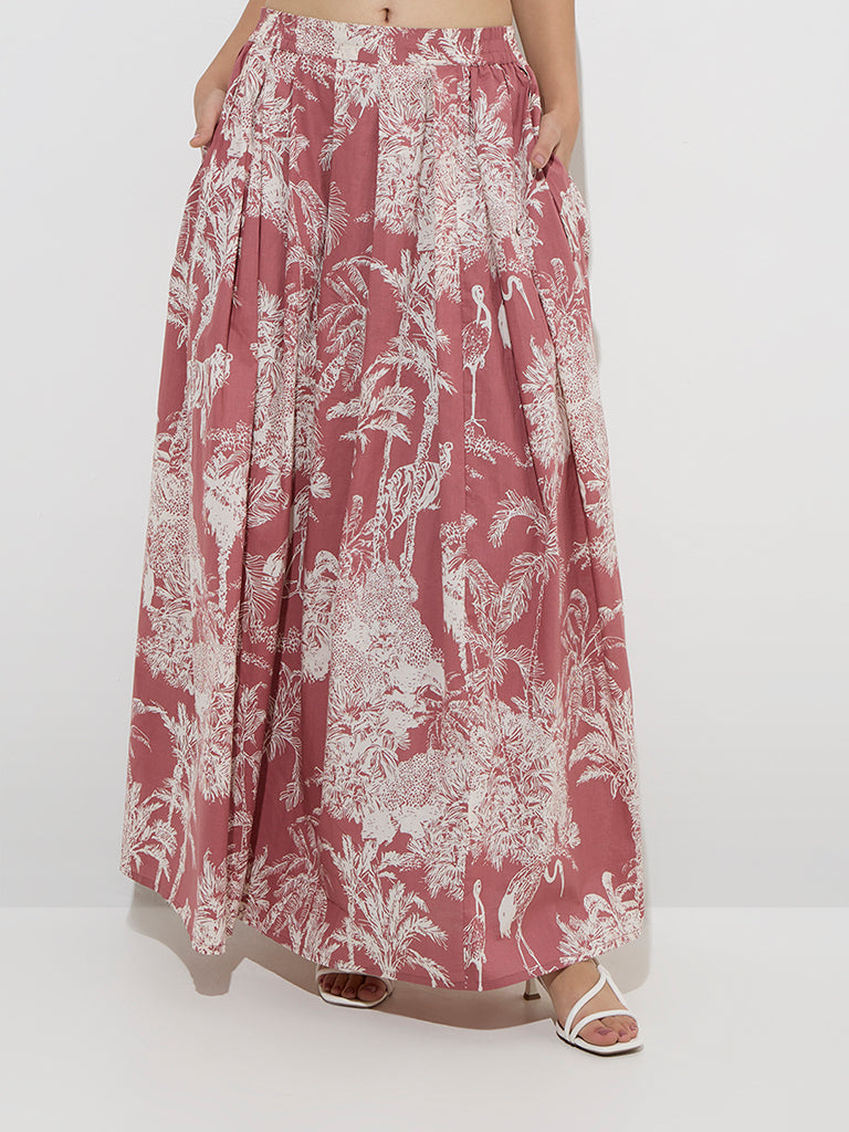 Westside Utsa Women's Off-White Botanical-Printed High-Rise Cotton Skirt for Work Wear Front View