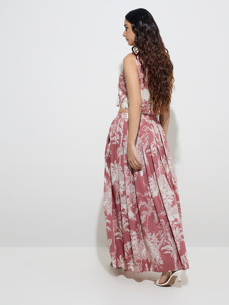 Westside Utsa Women's Off-White Botanical-Printed High-Rise Cotton Skirt for Work Wear Back View