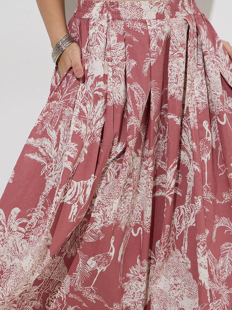 Westside Utsa Women's Off-White Botanical-Printed High-Rise Cotton Skirt for Work Wear Zoomed View