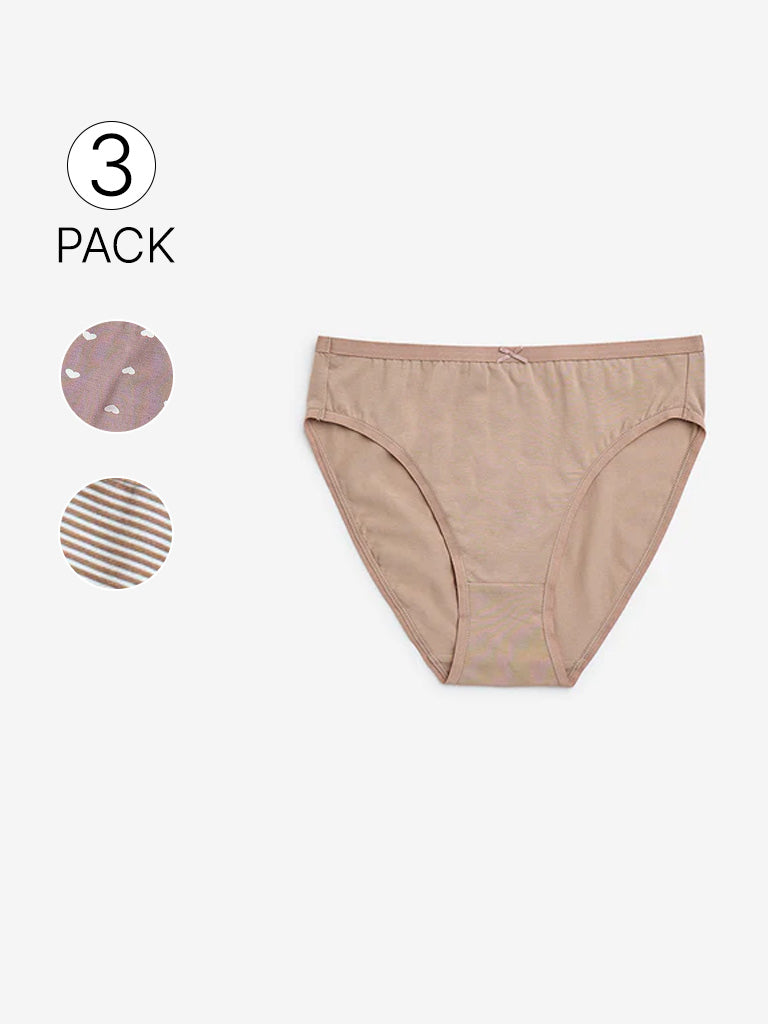 Wunderlove Taupe Print Cotton-Blend Hi-Leg Briefs - Pack of 3