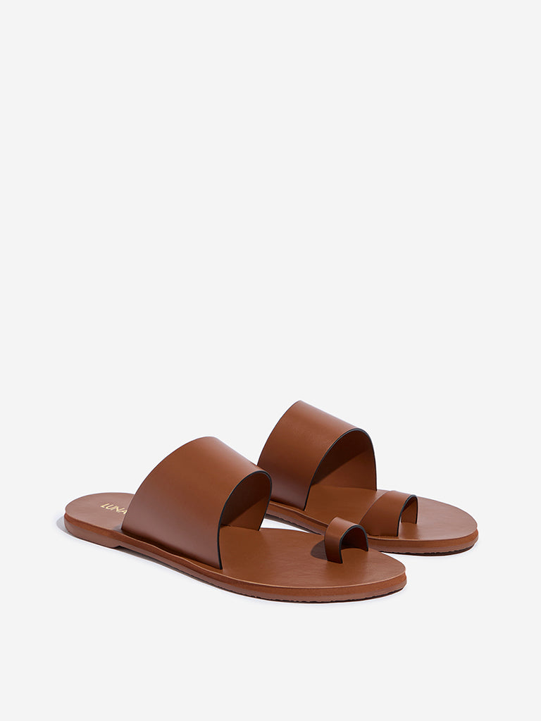 Westside LUNA BLU Women's Tan Toe-Ring Slides for Casual Wear Front View