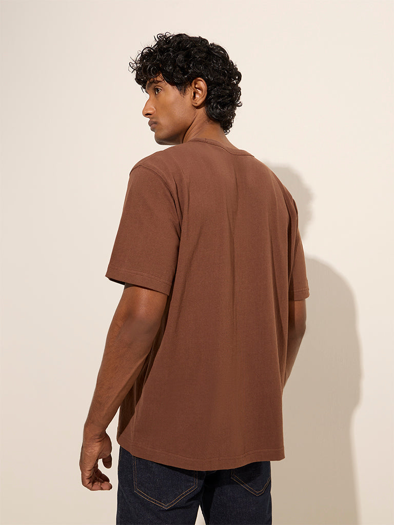 Westside WES Casuals Men's Brown Relaxed Fit Cotton T-Shirt for Casual Wear Casual Wear Back View