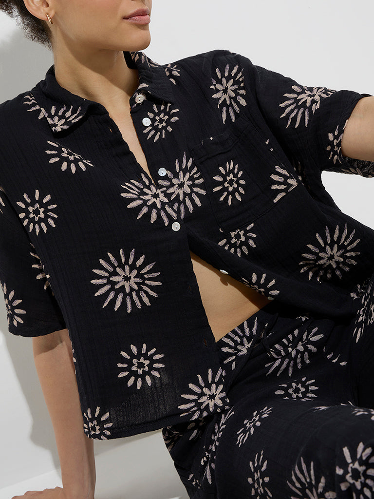 Wunderlove Black Floral Design Crinkled Cotton Beach Shirt
