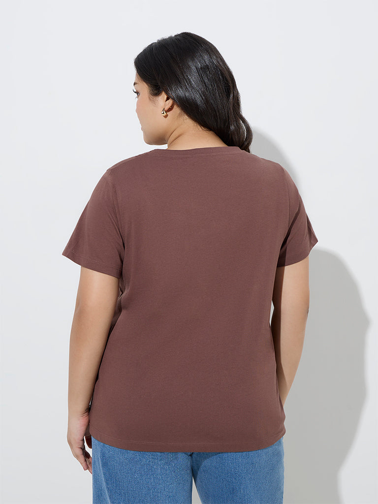 Westside Gia Women's Brown Text Design Cotton T-Shirt for Casual Wear Back View