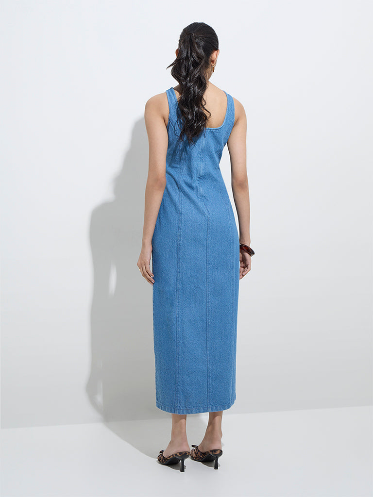Westside LOV Women's Blue Denim A-Line Dress for Casual Wear Back View