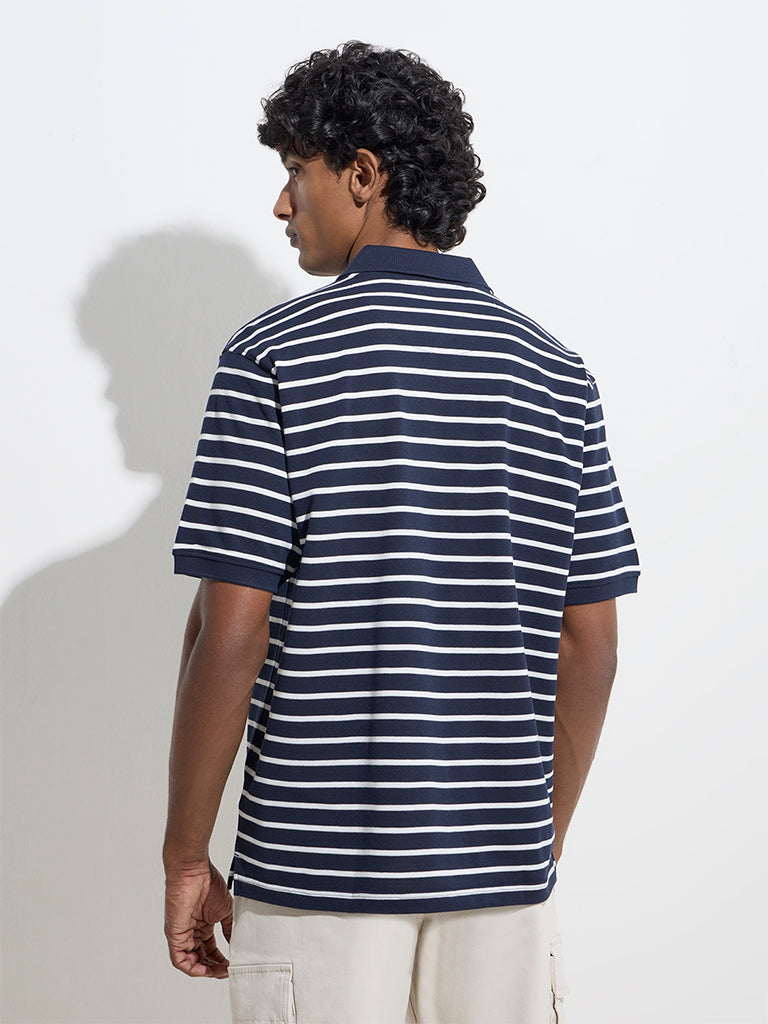 Westside WES Casuals Men's Navy Relaxed-Fit Cotton-Blend Polo T-Shirt for Casual Wear Back View