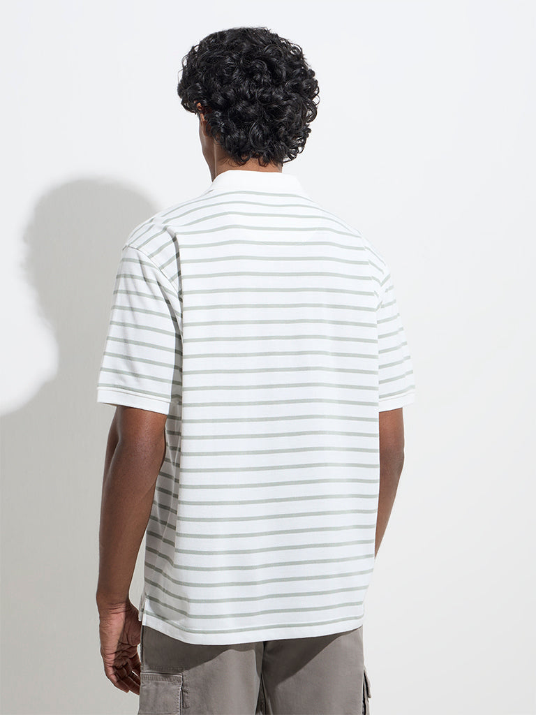 Westside WES Casuals Men's White Relaxed-Fit Cotton-Blend Polo T-Shirt for Casual Wear Back View