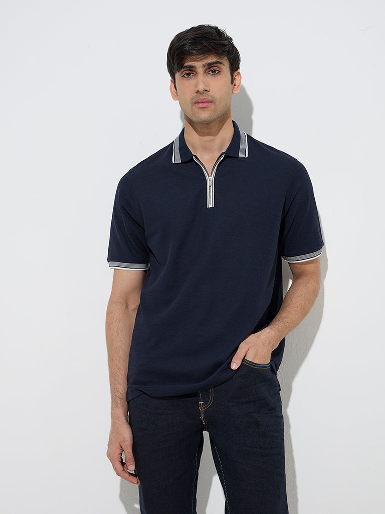 Westside WES Casuals Men's Navy Quarter Zip Polo T-Shirt for Casual Wear Front View