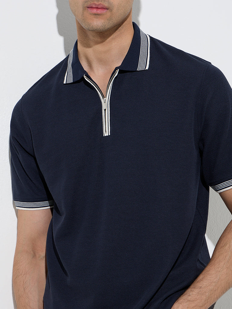 Westside WES Casuals Men's Navy Quarter Zip Polo T-Shirt for Casual Wear Zoomed View