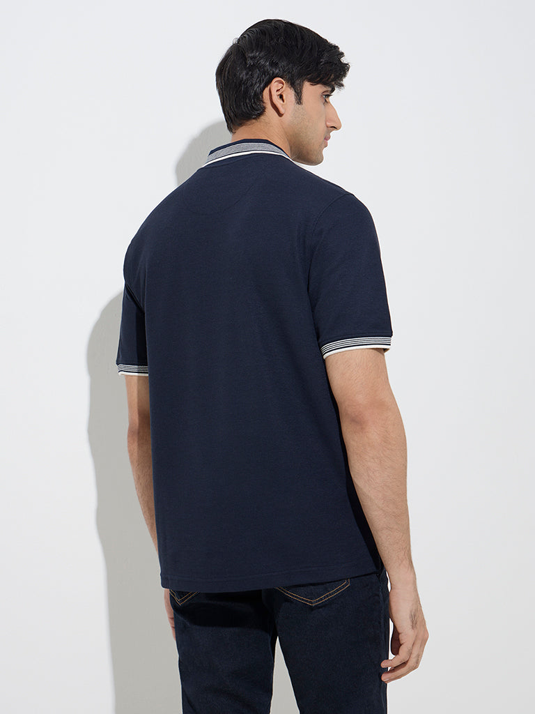Westside WES Casuals Men's Navy Quarter Zip Polo T-Shirt for Casual Wear Back View