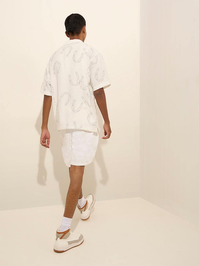 Westside Nuon Men's Off-White Printed Relaxed-Fit Cotton-Blend Shirt for Casual Wear Back View