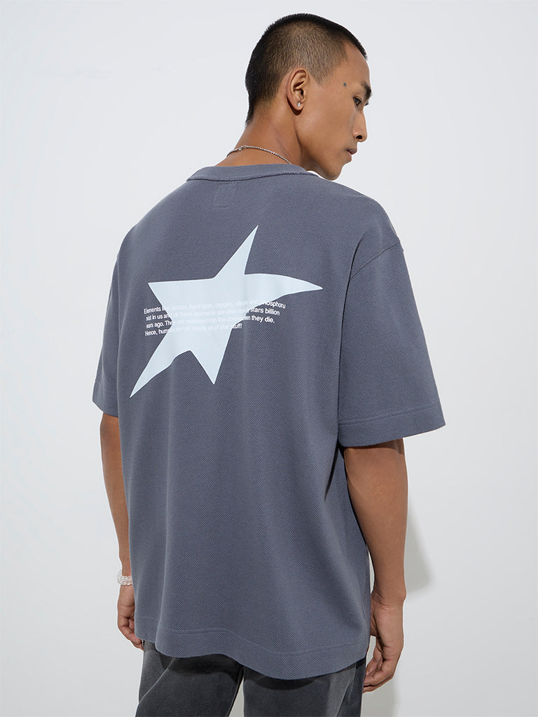 Westside Nuon Men's Grey Graphic Printed Relaxed-Fit Cotton T-Shirt for Casual Wear Back View