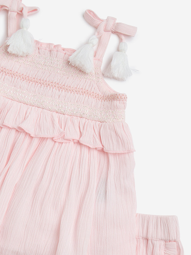 Westside HOP Baby Girl's Pink Crinkle Textured Top with Shorts Set for Casual Wear Zoomed View