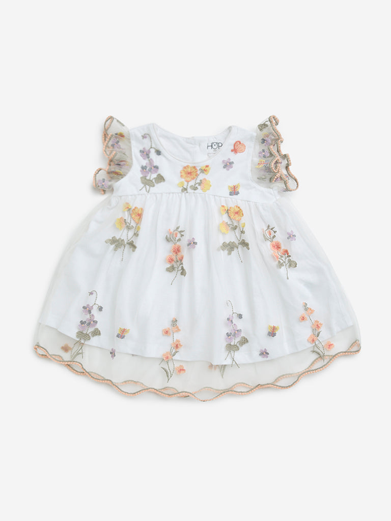 HOP Baby White Floral Embroidered Mesh A-Line Dress