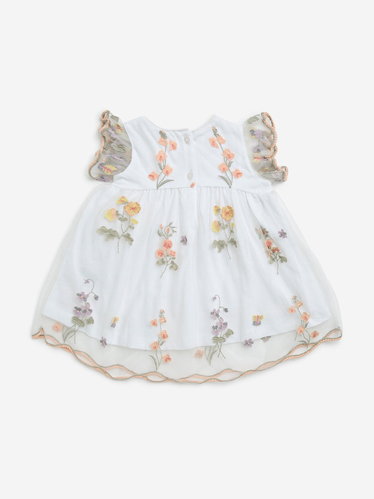 HOP Baby White Floral Embroidered Mesh A-Line Dress