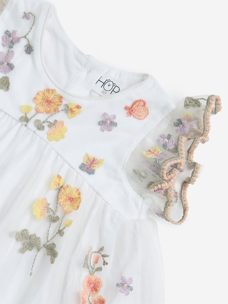 HOP Baby White Floral Embroidered Mesh A-Line Dress