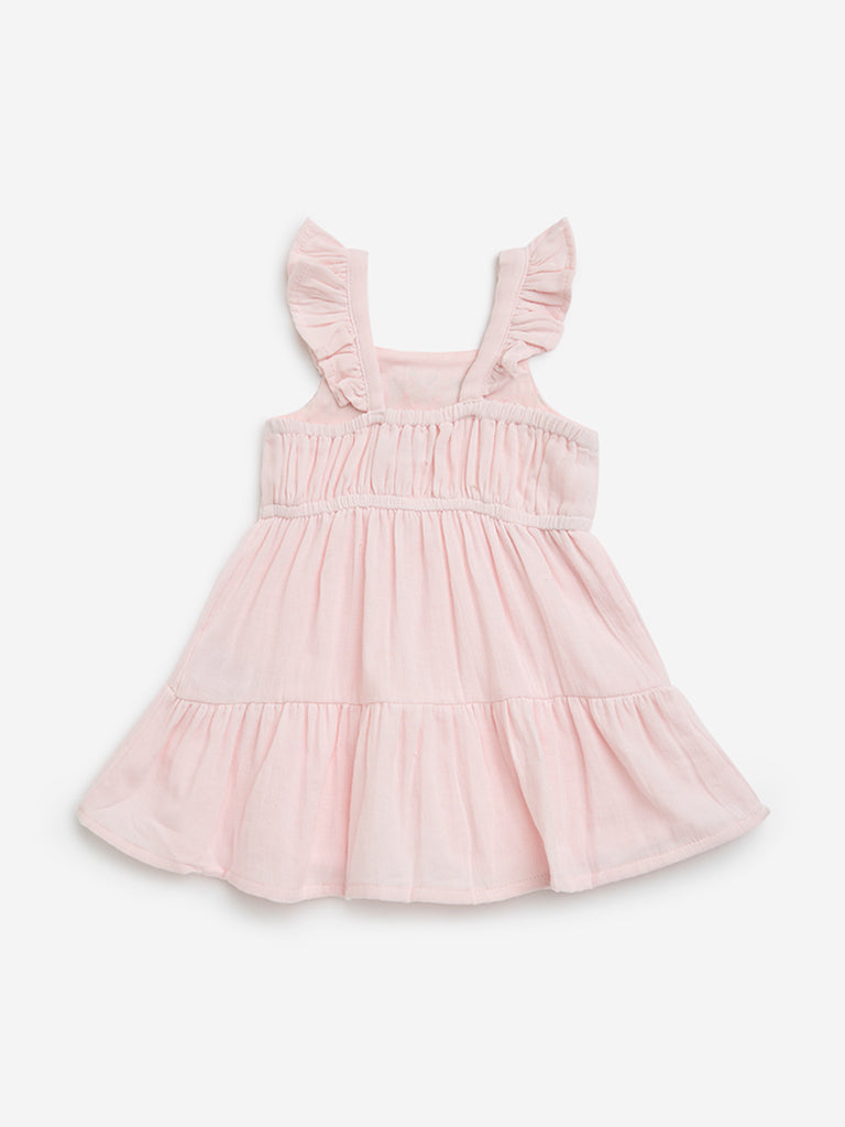 HOP Baby Pink Floral Embroidered Cotton A-Line Dress