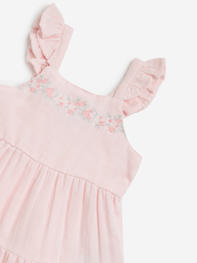 HOP Baby Pink Floral Embroidered Cotton A-Line Dress