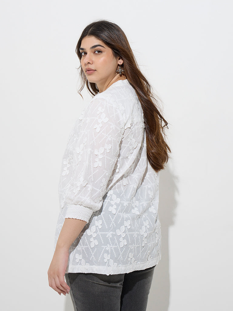 Westside Diza Women's White Floral Embroidered Cotton Ethnic Shirt for Work Wear Back View