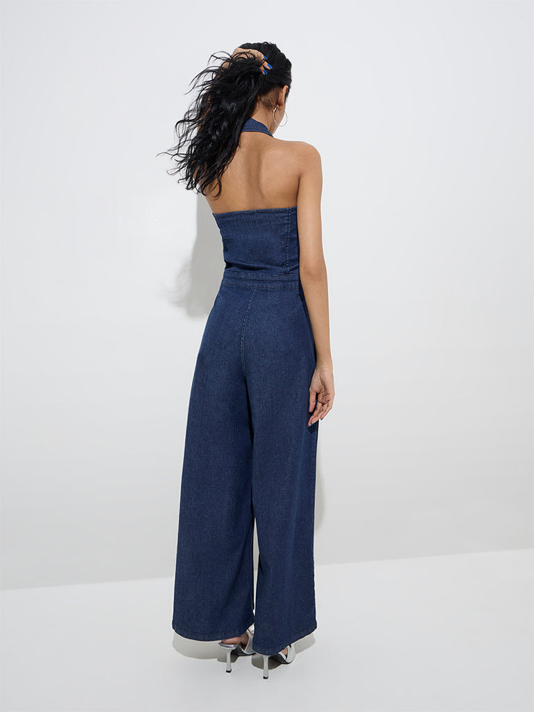 Westside Nuon Women's Dark Blue Denim Jumpsuit for Casual Wear Back View