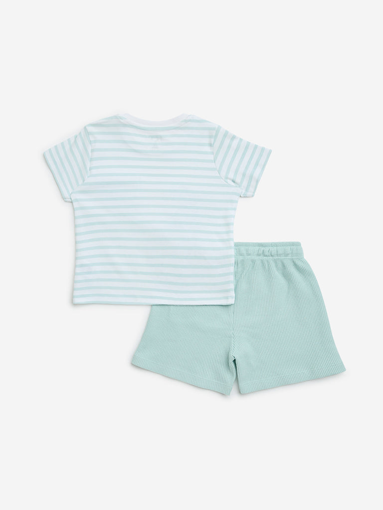 HOP Baby Sage Striped Cotton T-Shirt & Shorts Set