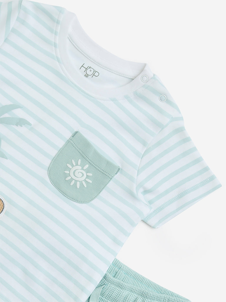 HOP Baby Sage Striped Cotton T-Shirt & Shorts Set