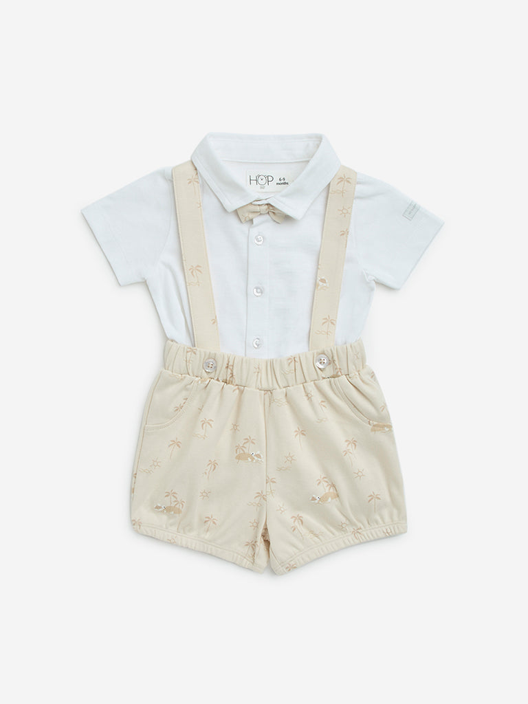 HOP Baby Beige Cotton Shirt, Shorts, Suspenders and Bow Set