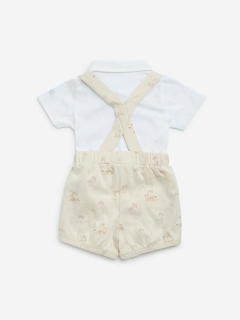 HOP Baby Beige Cotton Shirt, Shorts, Suspenders and Bow Set