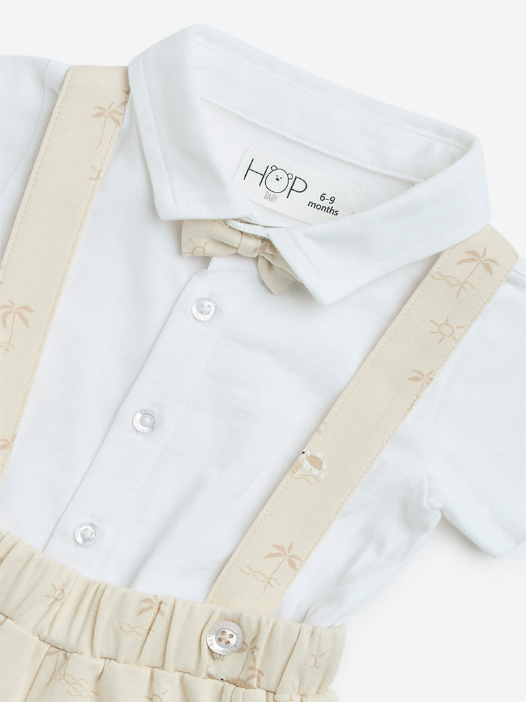 HOP Baby Beige Cotton Shirt, Shorts, Suspenders and Bow Set