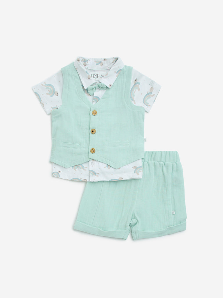 HOP Baby Sage Cotton Waistcoat, Shirt, Shorts and Bow Set