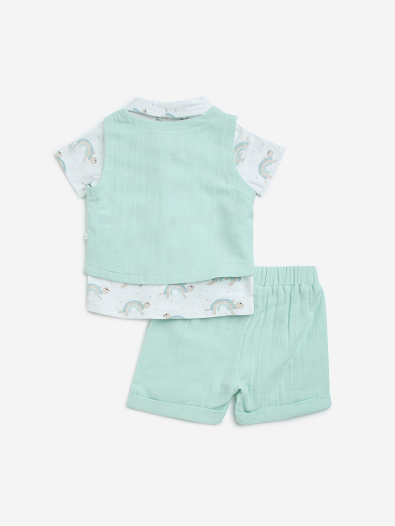 HOP Baby Sage Cotton Waistcoat, Shirt, Shorts and Bow Set