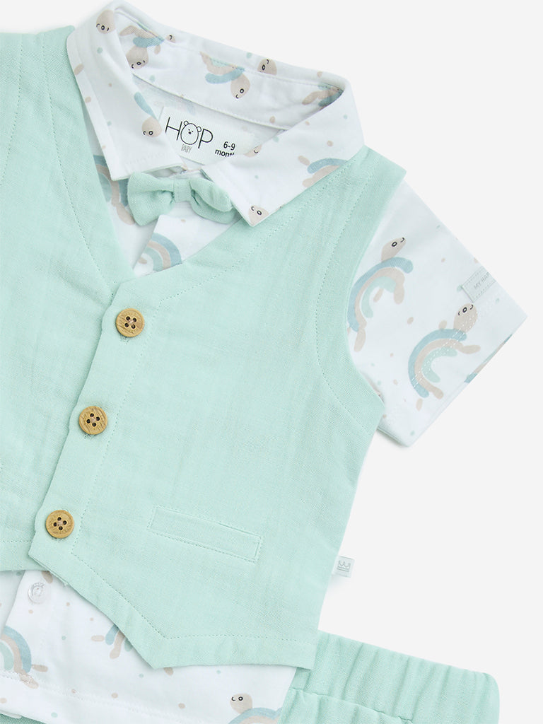 HOP Baby Sage Cotton Waistcoat, Shirt, Shorts and Bow Set