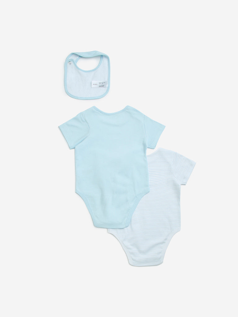 HOP Baby Light Blue Cotton Rompers with Bib - Pack of 2