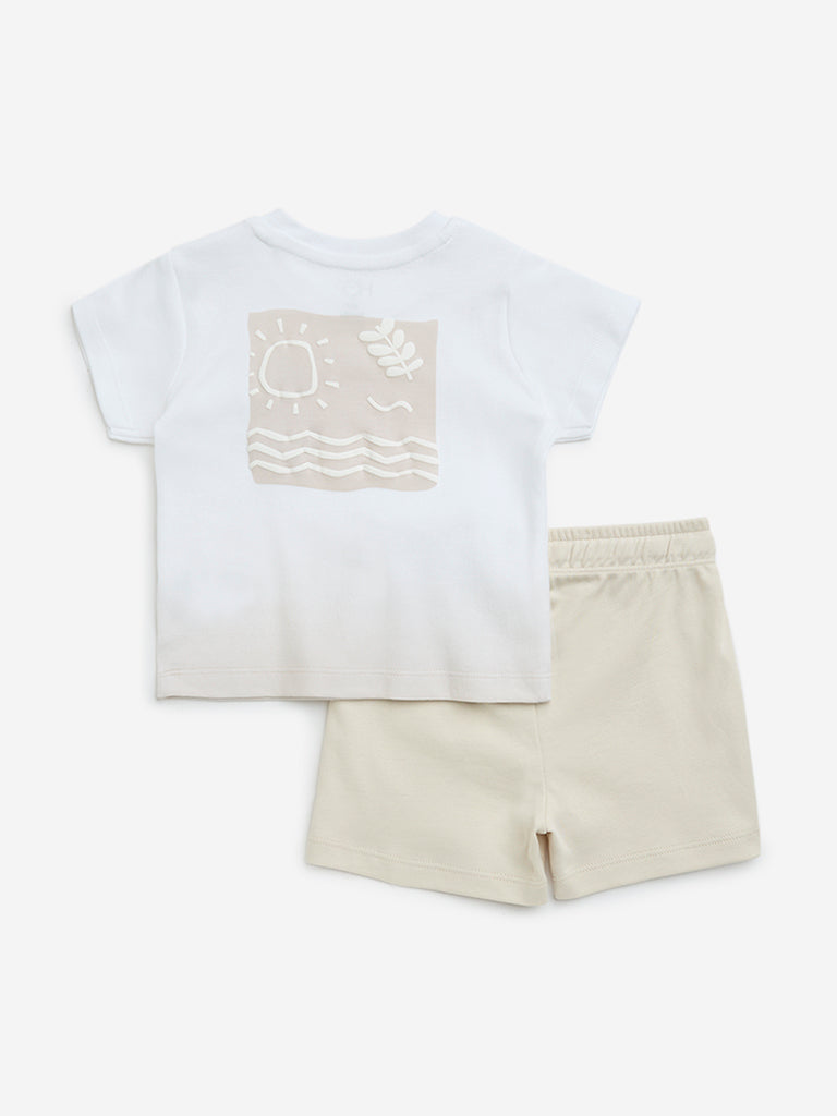 HOP Baby Beige Text Printed Cotton T-Shirt & Shorts Set