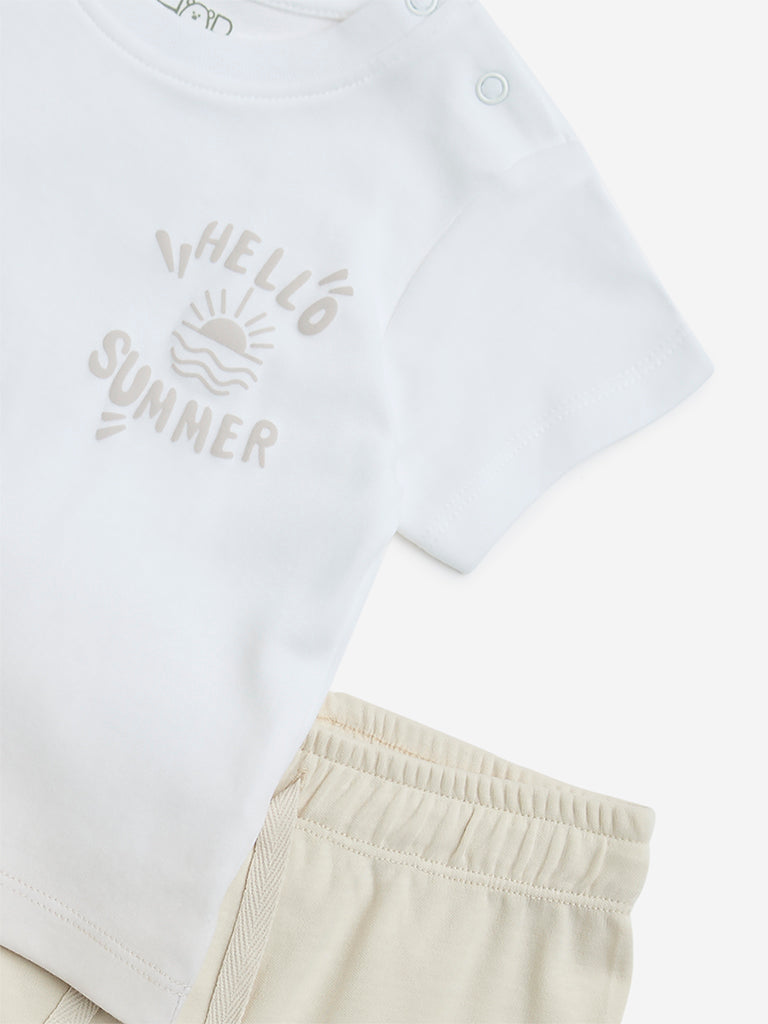 HOP Baby Beige Text Printed Cotton T-Shirt & Shorts Set