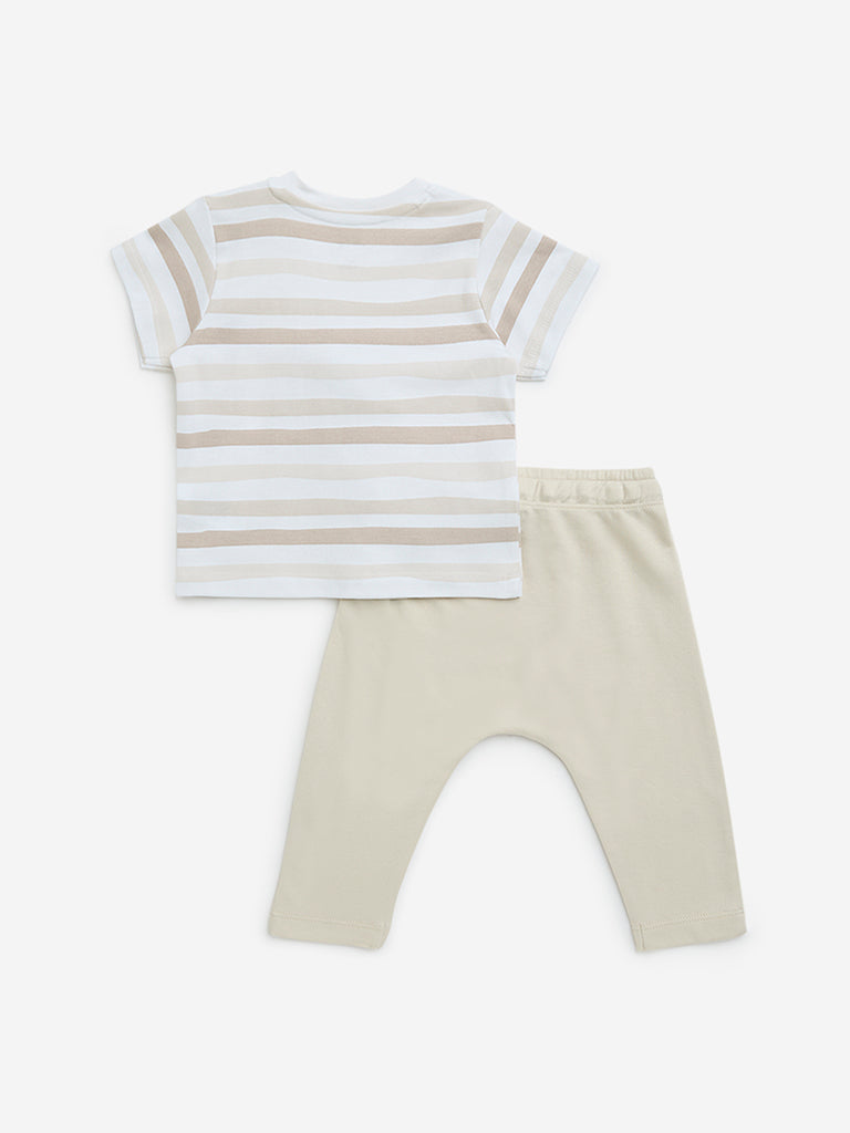 HOP Baby Beige Striped Cotton T-Shirt & Pants Set