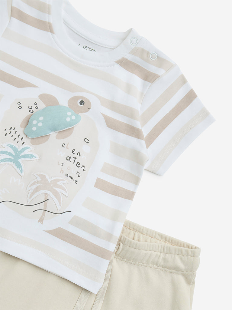 Westside HOP Baby Boy's Beige Striped Cotton T-Shirt & Pants Set for Casual Wear Zoomed View