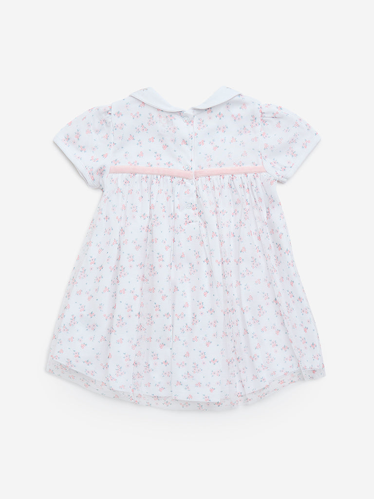 HOP Baby White Floral Printed Cotton A-Line Dress