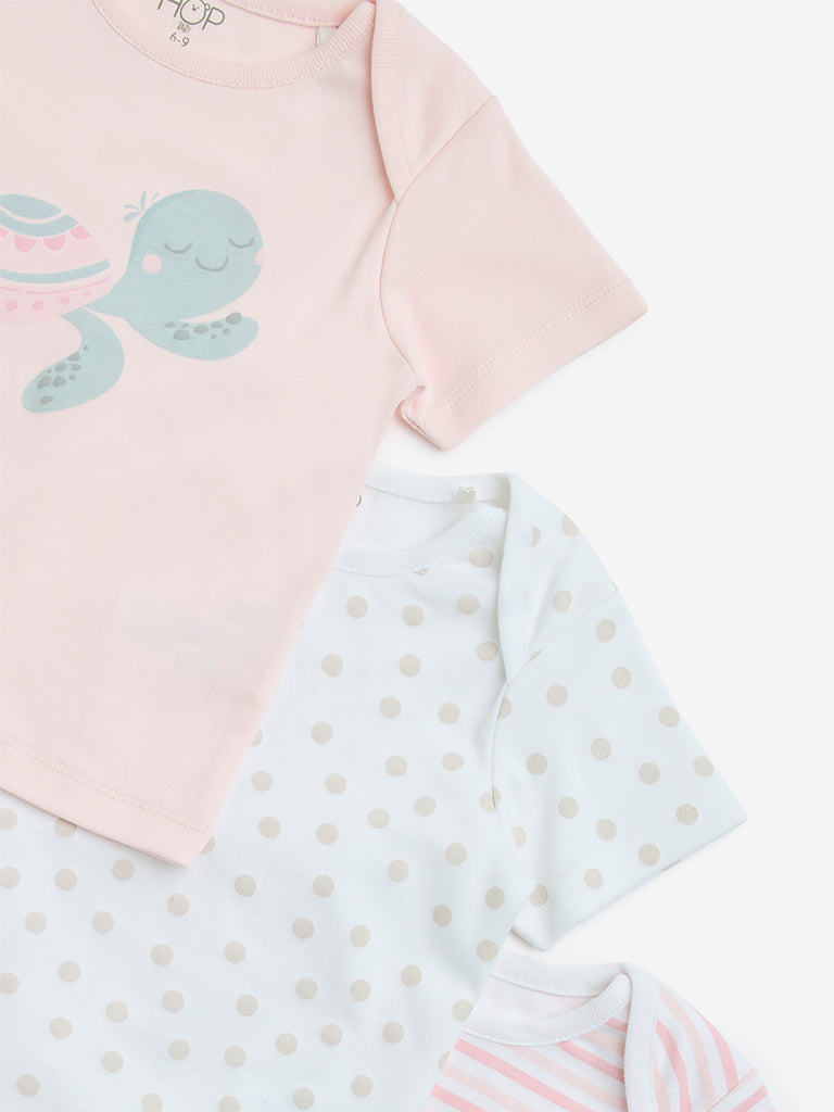 HOP Baby Pink Multiple Printed Cotton Tops - Pack of 3