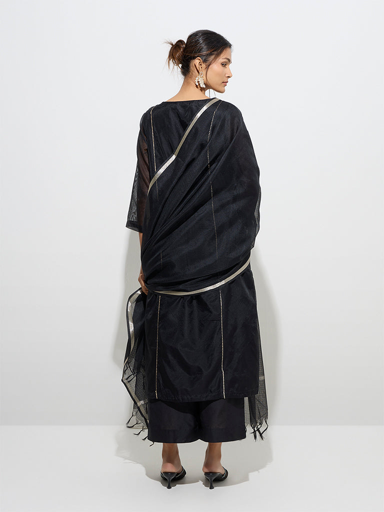 Westside Vark Women's Black Embroidered Cotton-Blend A-Line Kurta, Pants and Dupatta Set for Festive Wear Back View