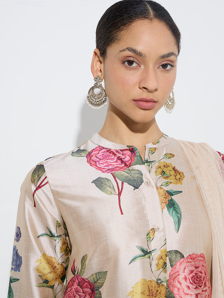 Vark Beige Floral Kurta, Ethnic Pants, and Dupatta Set
