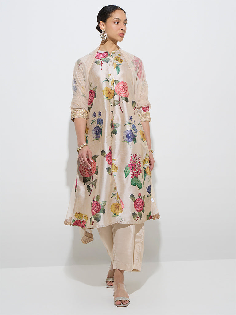 Vark Beige Floral Kurta, Ethnic Pants, and Dupatta Set