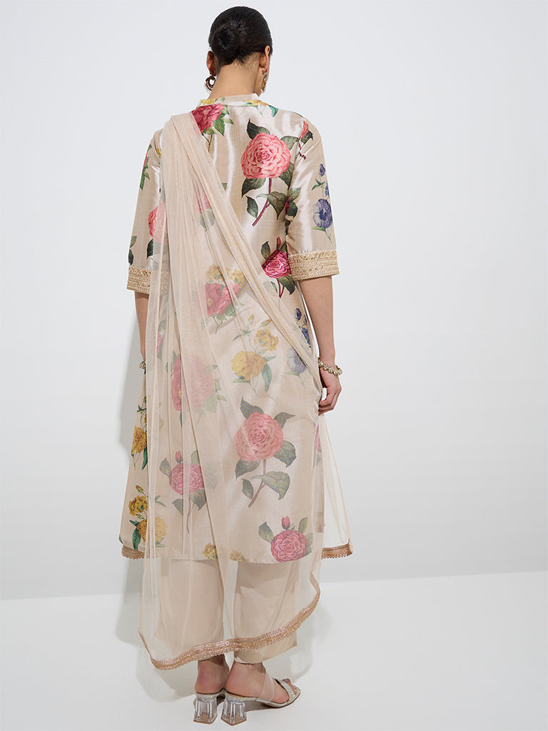 Westside Vark Women's Beige Floral Kurta, Ethnic Pants, and Dupatta Set for Festive Wear Festive Wear Back View