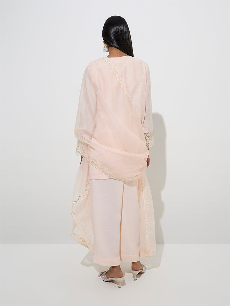 Westside Vark Women's Light Pink Straight Kurti, Palazzos and Dupatta Set for Festive Wear Back View
