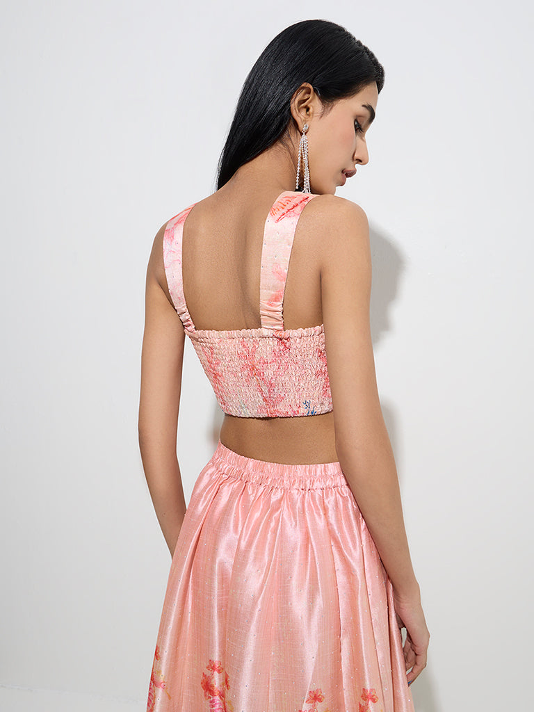 Westside Vark Women's Peach Tropical Printed Blouse for Festive Wear Back View