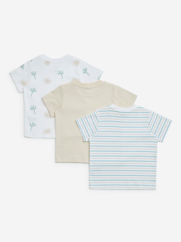 HOP Baby White Printed Cotton T-Shirts - Pack of 3