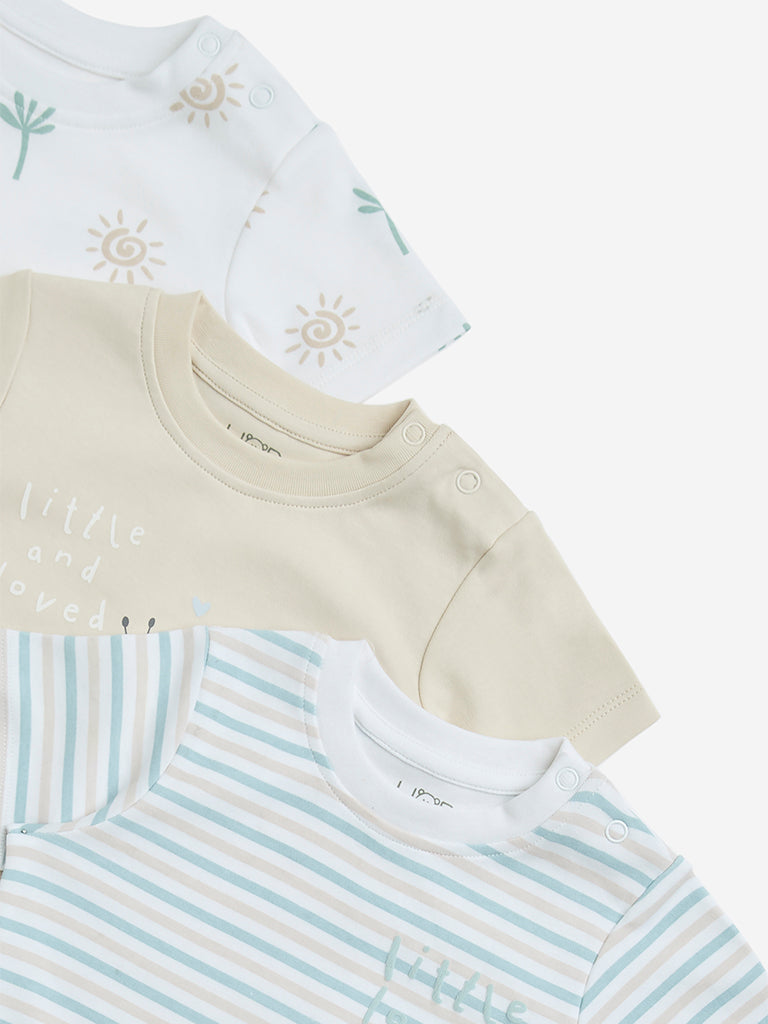 HOP Baby White Printed Cotton T-Shirts - Pack of 3